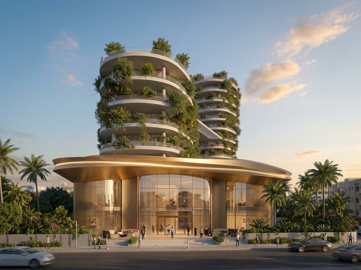 Boulevard elevation at dusk - planted terraces and golden canopy